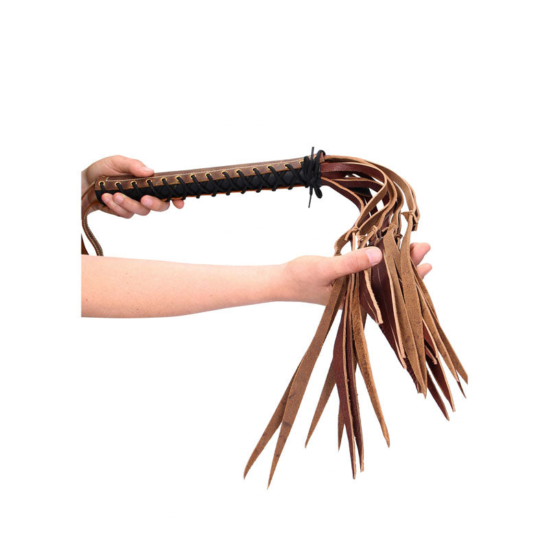 OUCH! Italian Leather 12 Stylish Tails & 12 Inch handle - Brown 84 cm Flogger Whip