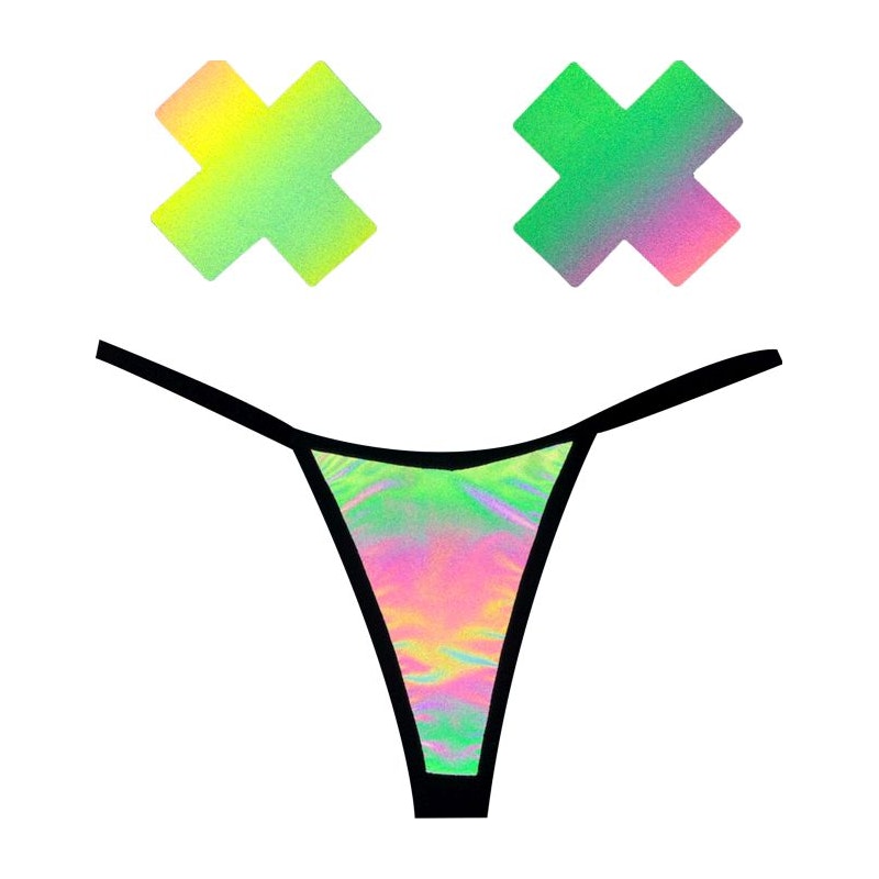 Rainbow Reflective G-String & X Pastie Set