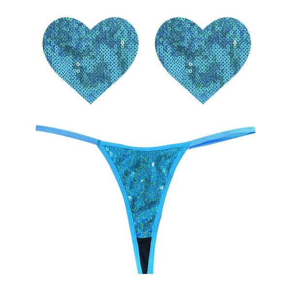 Mahi Mahi Blue Sequin G-String & Heart Pastie Set