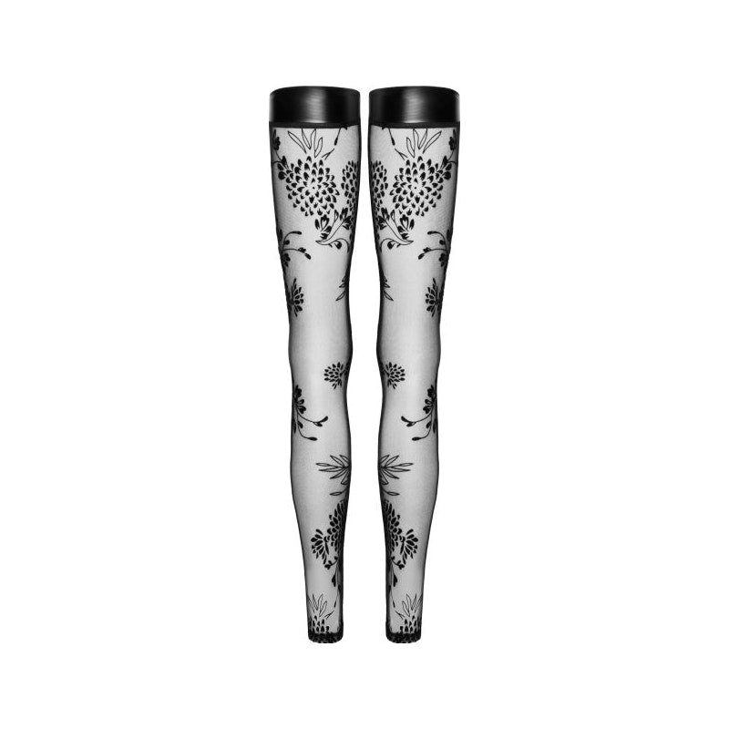 Tulle Stockings w Patterned Flock Embroidery & Power Wetlook Band