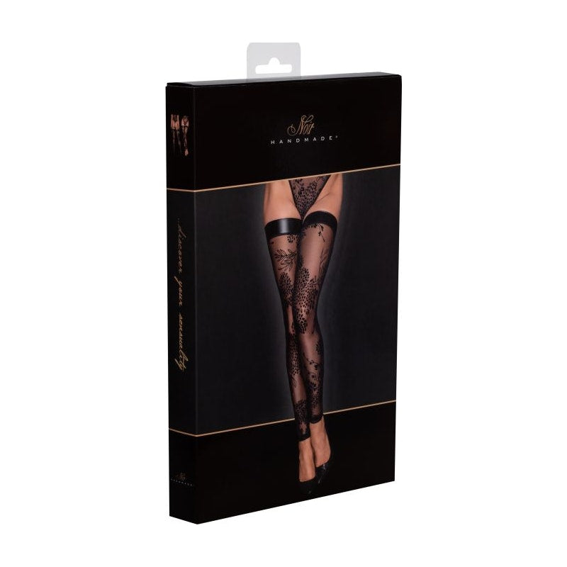 Tulle Stockings w Patterned Flock Embroidery & Power Wetlook Band