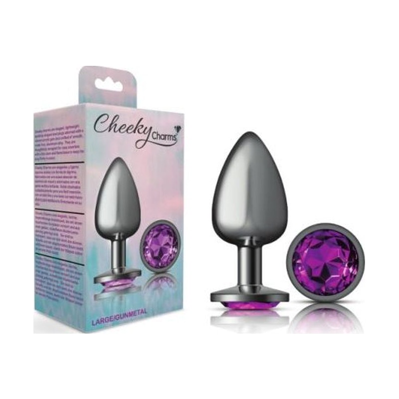 Cheeky Charms Gunmetal Round Butt Plug w Purple Jewel Large