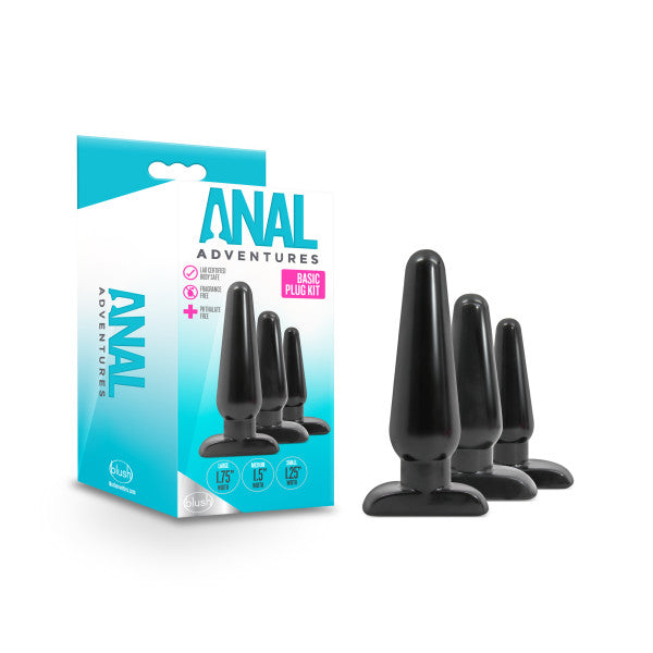 Blush Novelties Anal Adventures Basic Plug Kit - Black Butt Plugs - Set of 3 Sizes