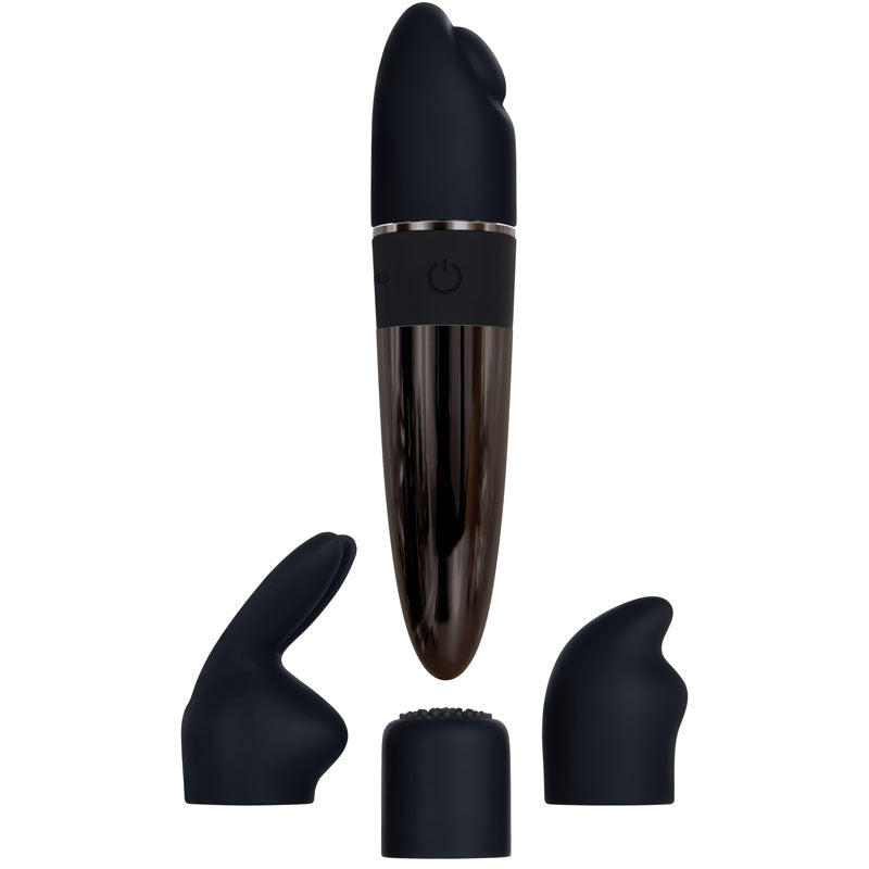 Evolved Tiny Treasures - Black Chrome USB Rechargeable Mini Massager with Attachable Heads