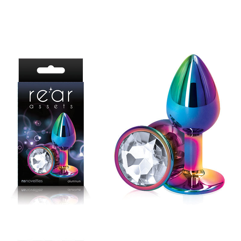 Rear Assets Multi Coloured Small - Multi Coloured Small Metal Butt Plug with Clear Gem Base