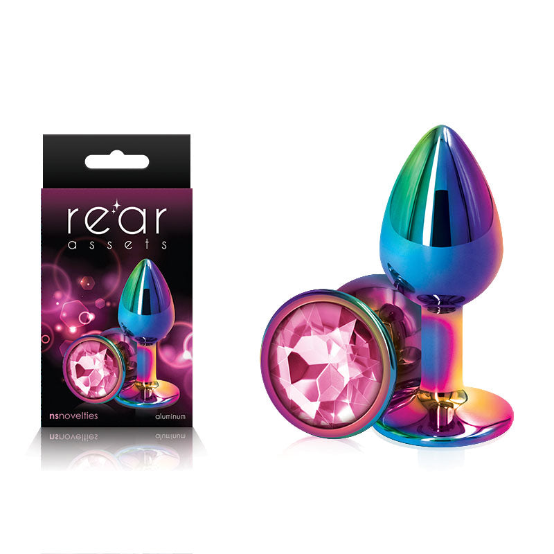 Rear Assets Multi Coloured Small - Multi Coloured Small Metal Butt Plug with Pink Gem Base