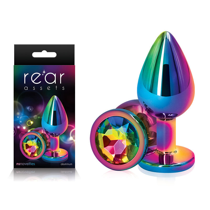 Rear Assets Multi Coloured Medium - Multi Coloured Medium Metal Butt Plug with Rainbow Gem Base