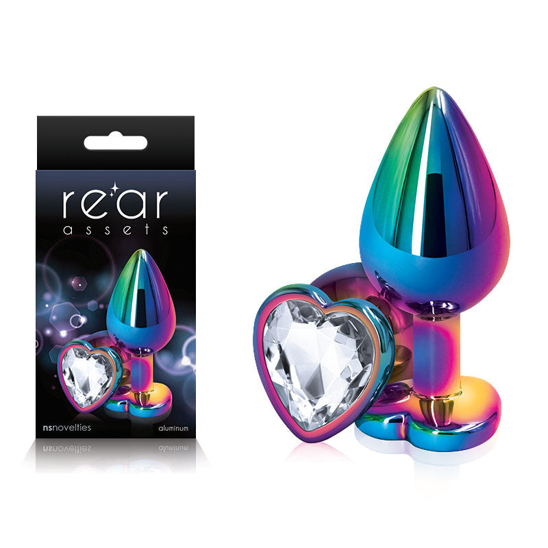 Rear Assets Multi Coloured Heart - Multi Coloured Medium Metal Butt Plug with Clear Heart Gem Base
