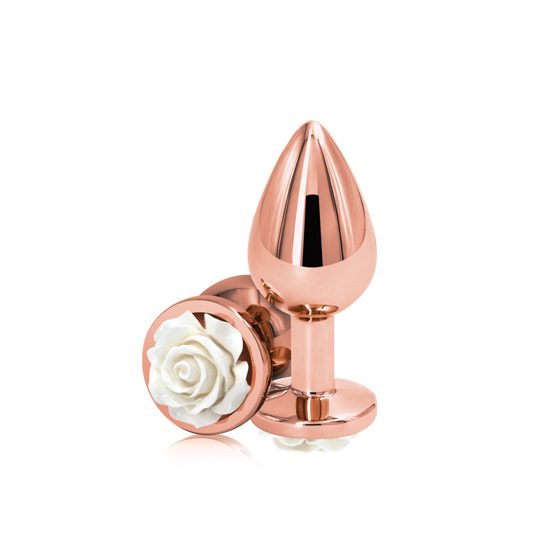 Rear Assets Rose - Medium - Rose Gold 8.9 cm Metal Butt Plug with White Rose Base