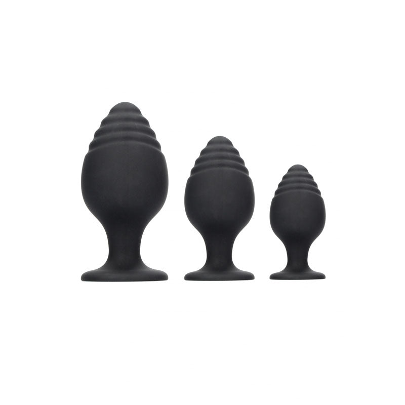 Ouch! Rippled Butt Plug Set - Black Butt Plugs - Set of 3 Sizes