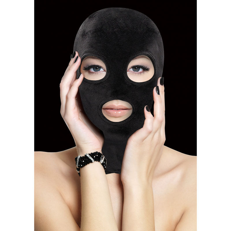 Ouch! Velvet & Velcro Mask with Eye and Mouth Opening - Black Hood