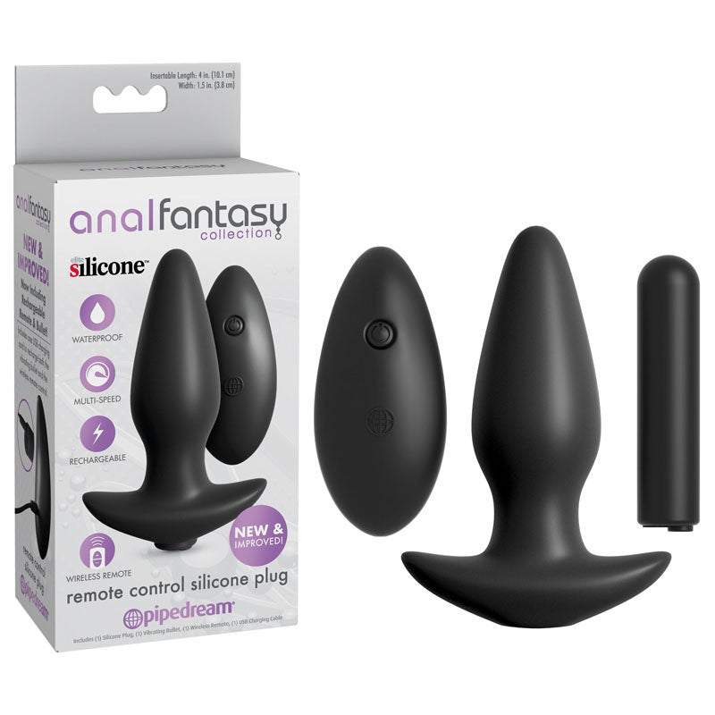 Anal Fantasy Collection Remote Control Silicone Plug - Black 10 cm (4'') Vibrating Butt Plug