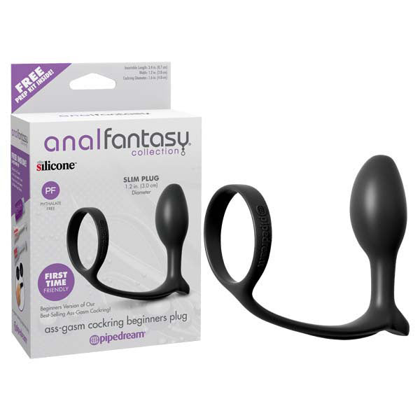 Anal Fantasy Collection Ass-Gasm Cock Ring Beginners Plug - Black Cock Ring with Anal butt plug
