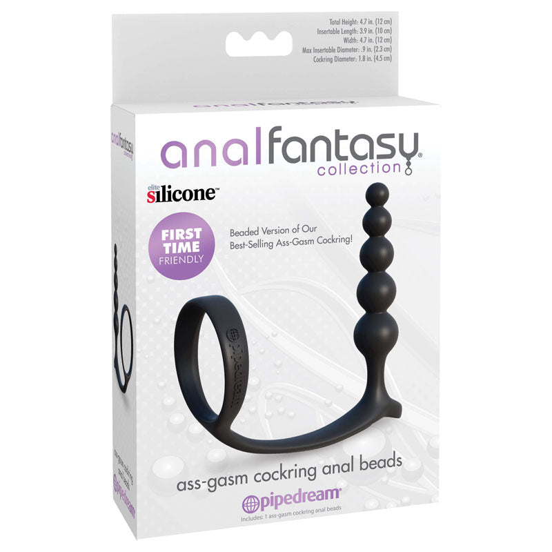 Anal Fantasy Collection Ass-Gasm Cockring Anal Beads - Black Cock Ring with Anal butt plug
