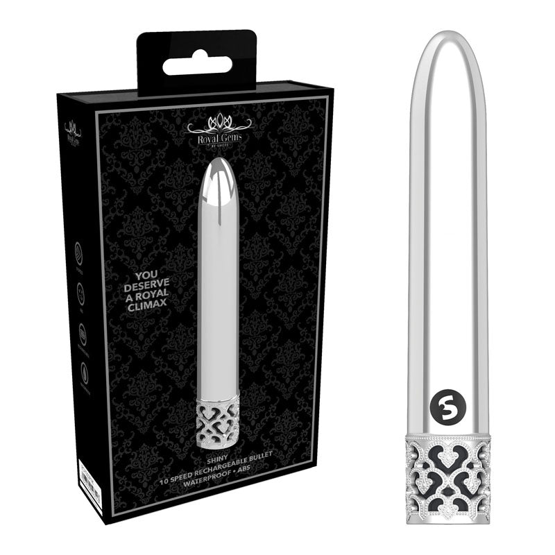 ROYAL GEMS Shiny - ABS Rechargeable Bullet - Silver 10.8 cm USB Rechargeable Bullet
