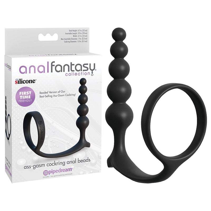 Anal Fantasy Collection Ass-Gasm Cockring Anal Beads - Black Cock Ring with Anal