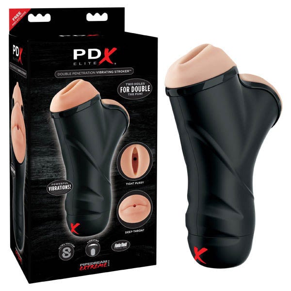 PDX Elite Double Penetration Vibrating Stroker - Black/Flesh Double Ended