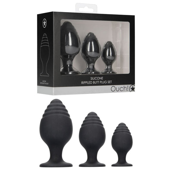 Ouch! Rippled Butt Plug Set - Black Butt Plugs - Set of 3 Sizes A$42.53 Fast