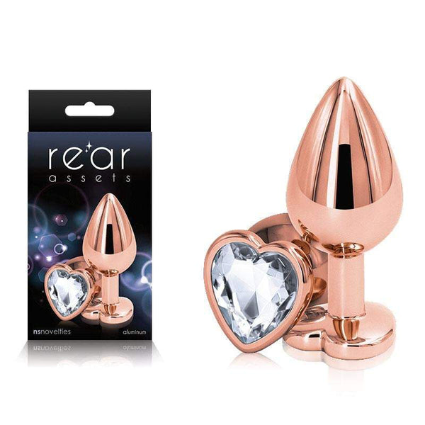 Rear Assets Rose Gold Heart Medium - Rose Gold Medium Metal Butt Plug with Clear