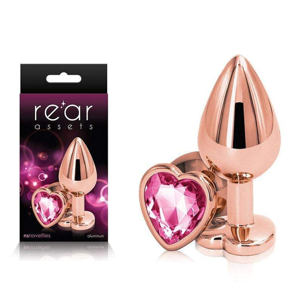 Rear Assets Rose Gold Heart Medium - Rose Gold Medium Metal Butt Plug with Pink