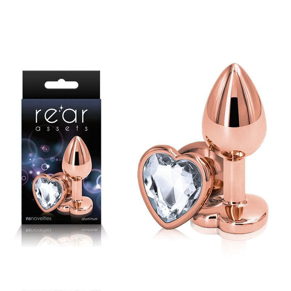 Rear Assets Rose Gold Heart Small - Rose Gold Small Metal Butt Plug with Clear