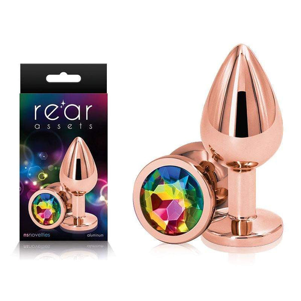 Rear Assets Rose Gold Medium - Rose Gold Medium Metal Butt Plug with Rainbow Gem