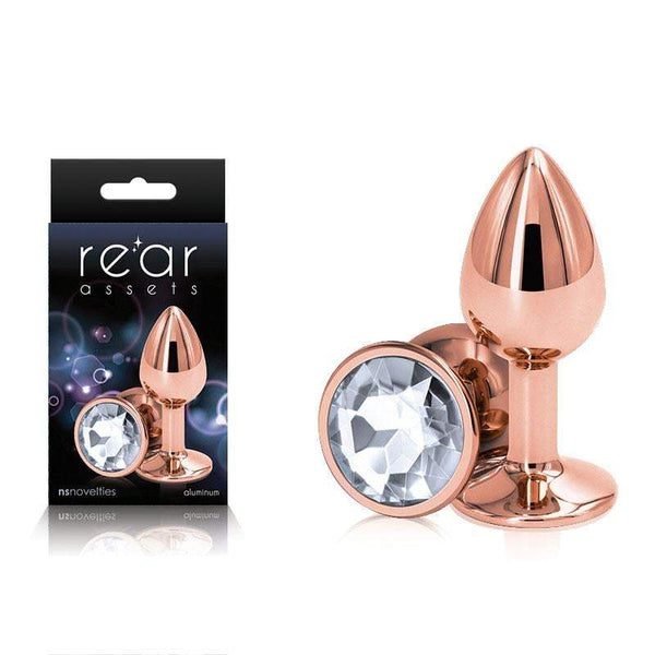 Rear Assets Rose Gold Small - Rose Gold Small Metal Butt Plug with Clear Gem