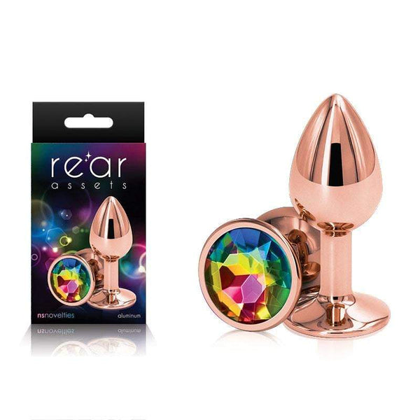 Rear Assets Rose Gold Small - Rose Gold Small Metal Butt Plug with Rainbow Gem