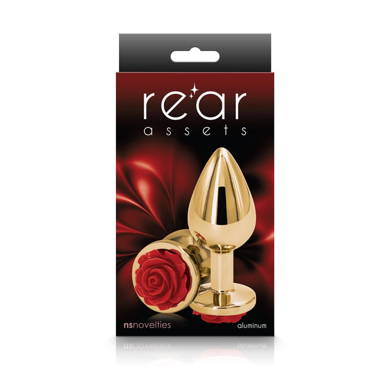 Rear Assets Rose - Medium - Gold 8.9 cm Metal Butt Plug with Red Rose Base