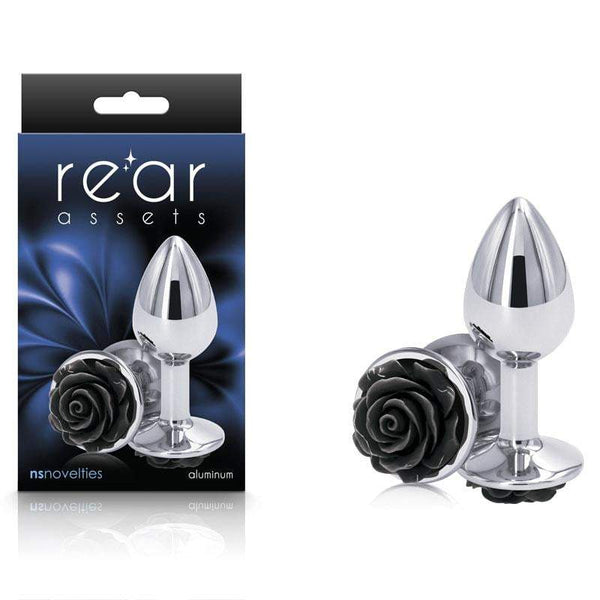 Rear Assets Rose - Small - Chrome 7.6 cm Metal Butt Plug with Black Rose Base