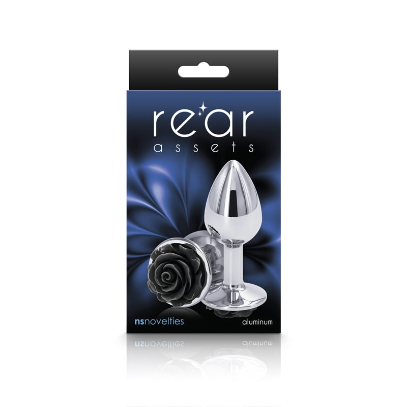 Rear Assets Rose - Small - Chrome 7.6 cm Metal Butt Plug with Black Rose Base