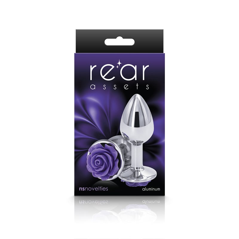 Rear Assets Rose - Small - Chrome 7.6 cm Metal Butt Plug with Purple Rose Base