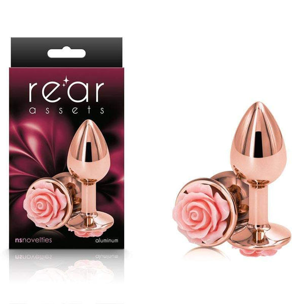 Rear Assets Rose - Small - Rose Gold 7.6 cm Metal Butt Plug with Pink Rose Base