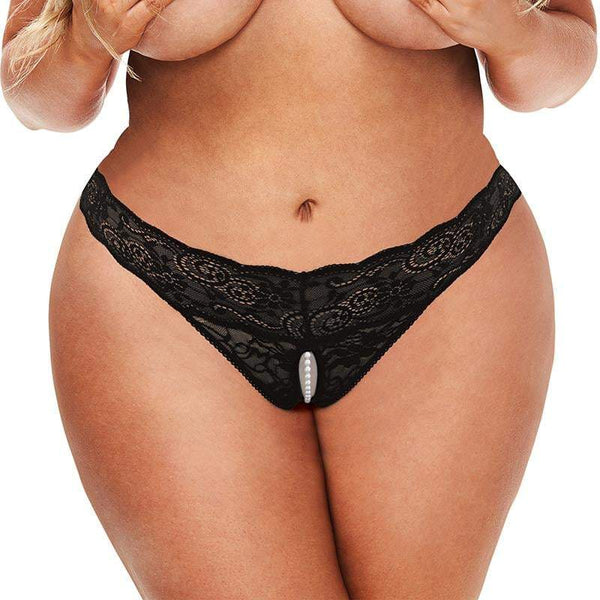 Secret Kisses Lace & Pearls Crotchless Thong - Black - Queen Size A$31.50 Fast